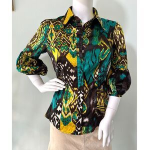 Vintage Y2k Baby Phat Bold Print Puff Sleeve Blouse Button Down Shirt size Small